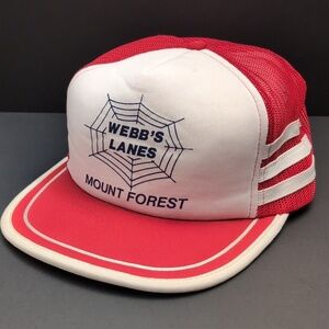 VTG,Webb's Lanes Mount Forest Red/White 3 Stripe Snapback Trucker Hat.